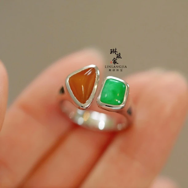 焦糖抹茶 秋冬美拉德撞色天然翡翠戒指 925银精工厚镶