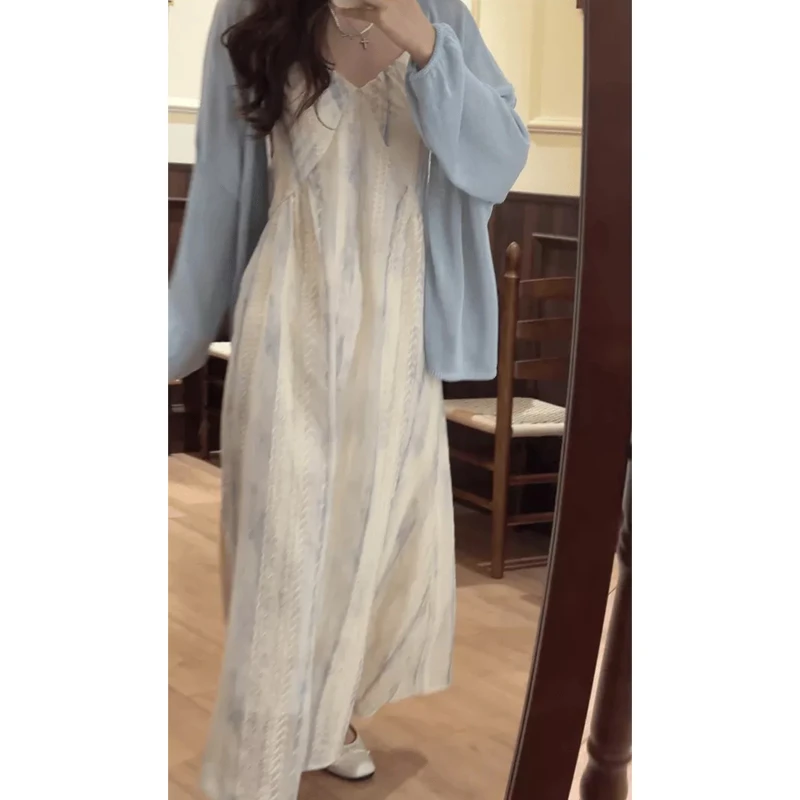 夏季温柔碎花绝美氛围设计感气质开衫吊带蕾丝连衣裙套装