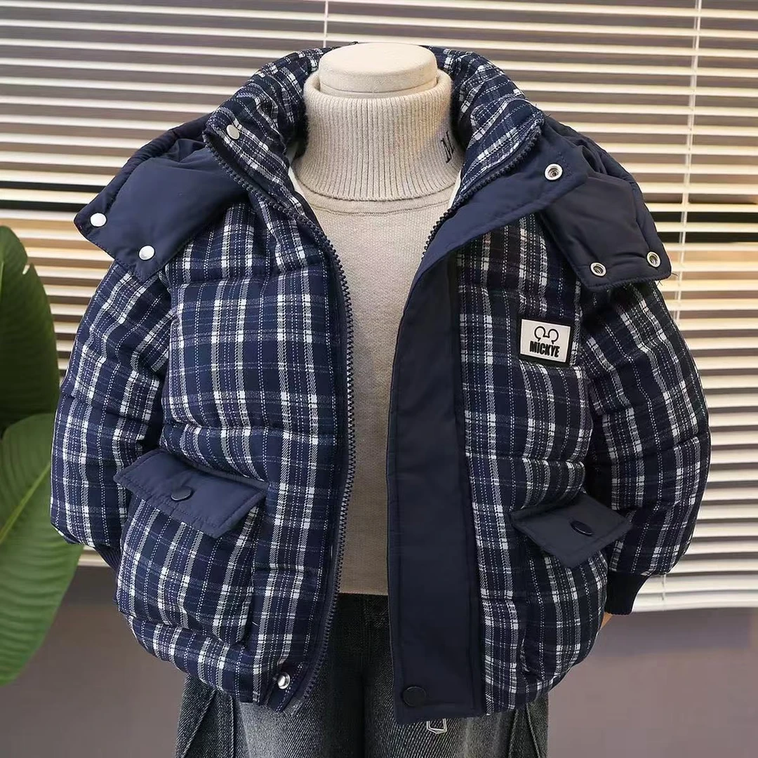 男童加绒加厚格子棉服外套2025新款儿童冬季棉衣宝宝冬装连帽棉袄