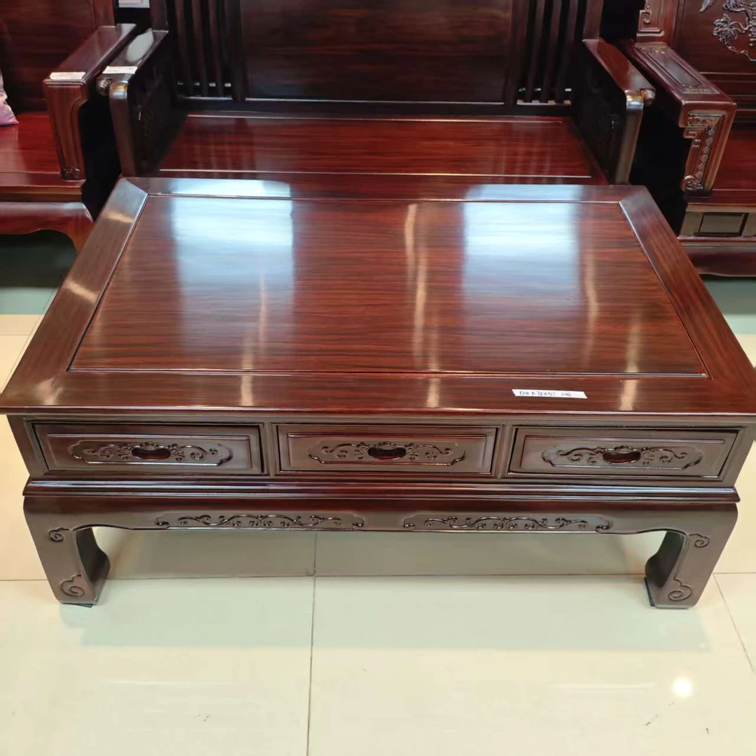 酸枝木  洋花直脚三抽大平几：长120宽78高51