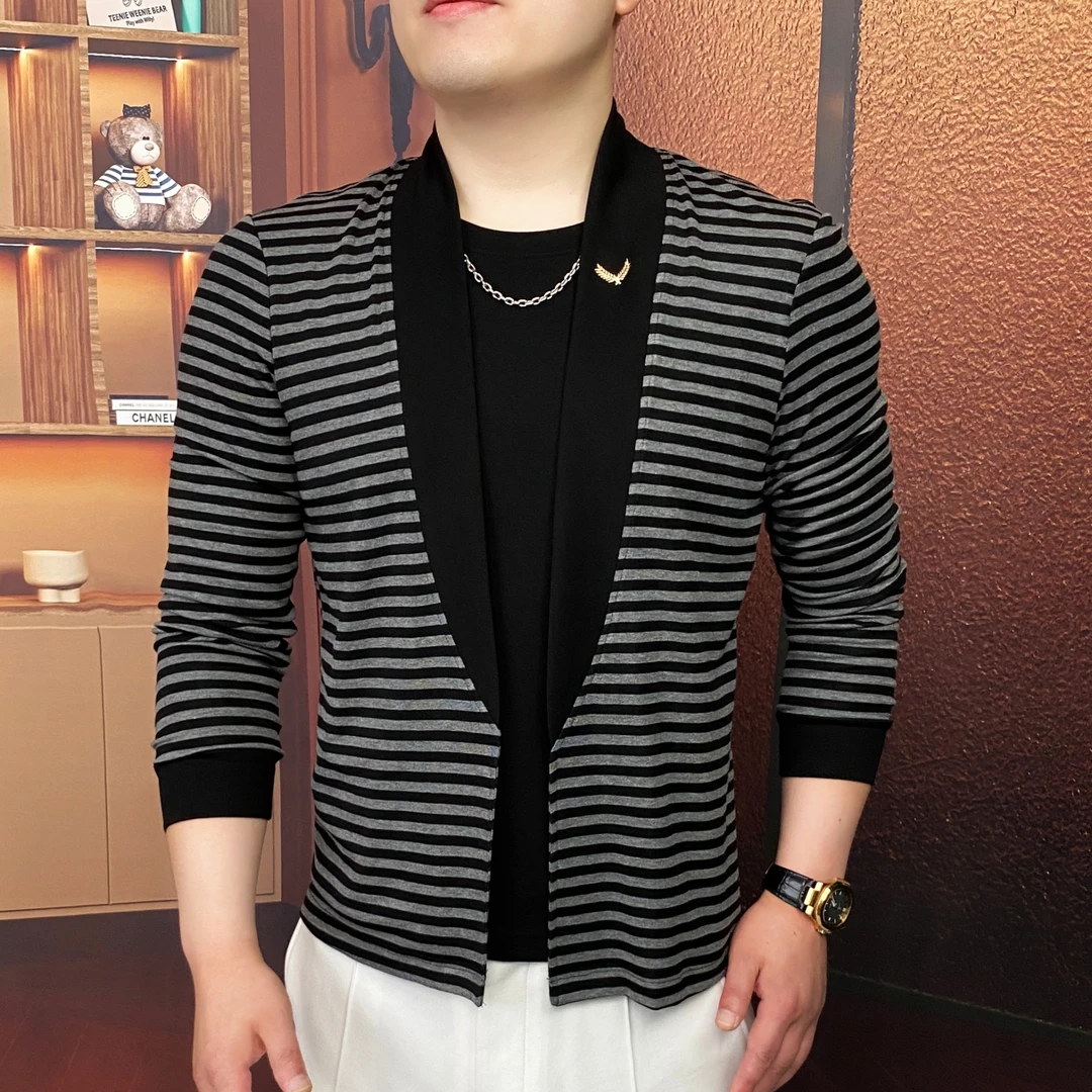 《浪漫主义》秋季新款条纹长袖开衫百搭帅气男士潮流网红轻奢修身