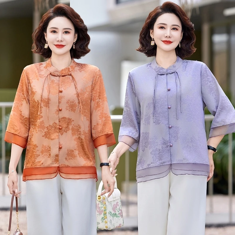 中年妈妈夏装T恤新中式短袖衬衫中老年人夏季上衣女衬衣大码小衫