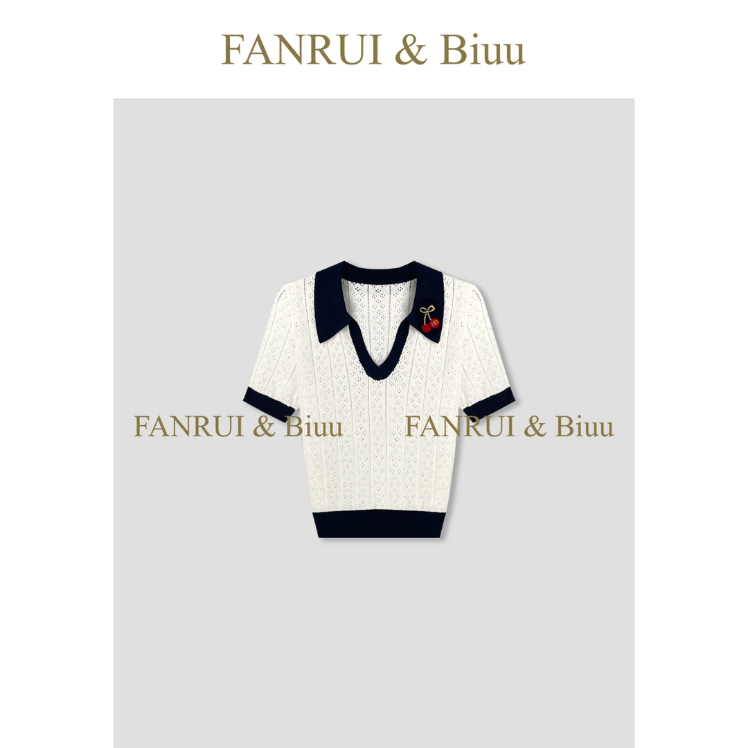 FANRUI/泛芮「甜汽」新款撞色拼接樱桃刺绣翻领短袖针织衫女B16869