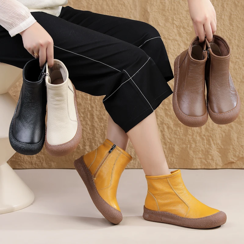 秋冬真皮复古马丁短靴中老年防滑软底平底女鞋加绒平跟休闲皮鞋女