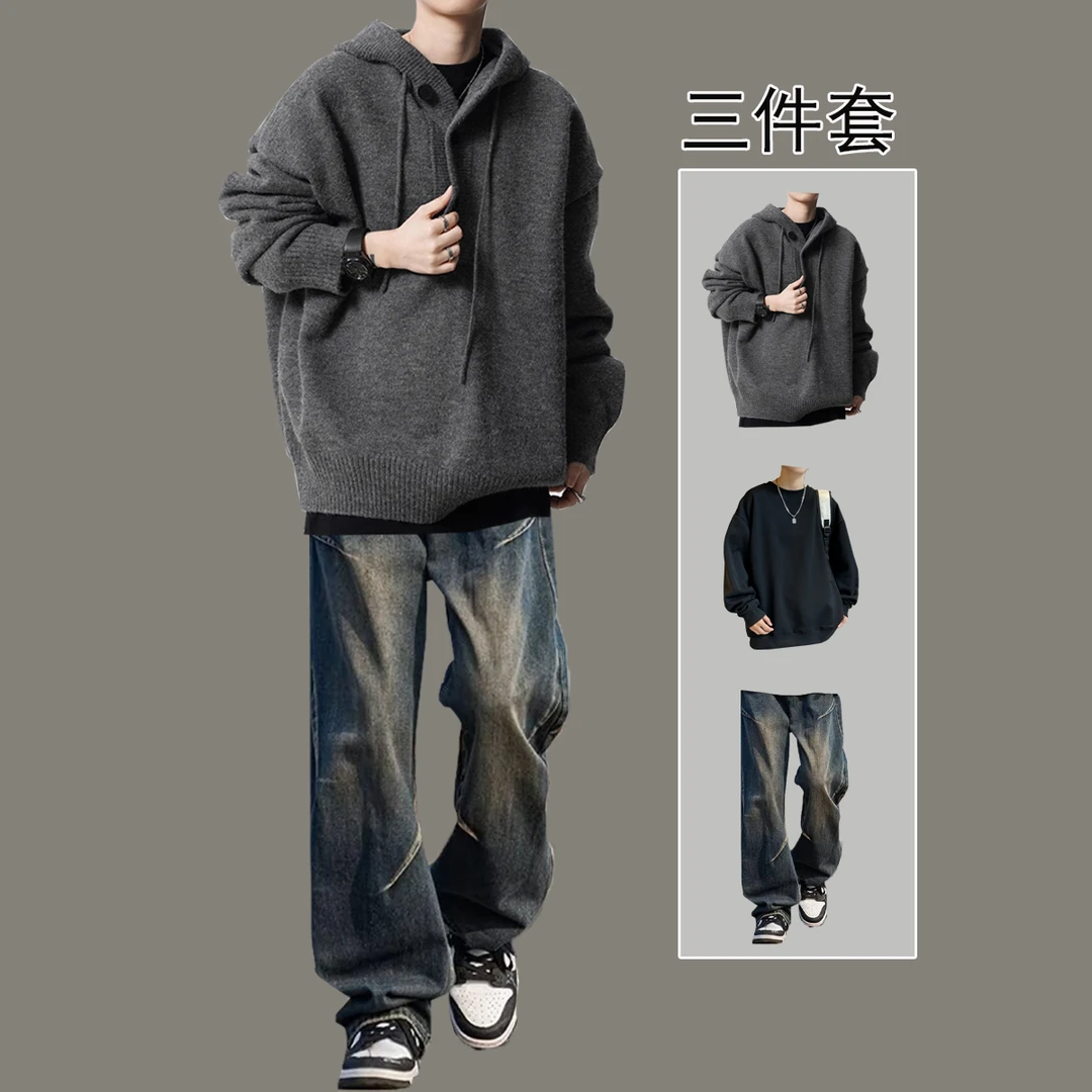 美式重磅灰色连帽毛衣男款秋冬高级感针织衫卫衣慵懒外套男模套装