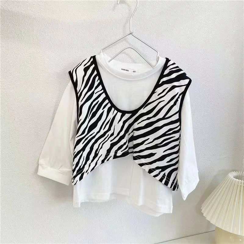 春秋女童装长袖T恤宝宝洋气个性潮牌韩版假两件马条纹上衣童T恤是