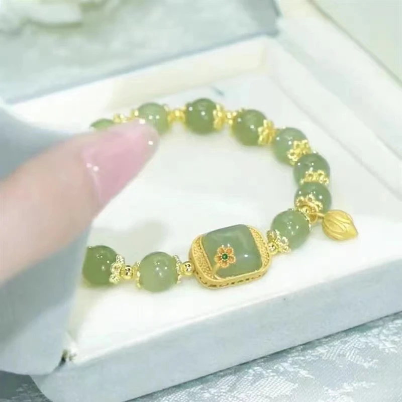 不锈钢手链 步步生莲仿和田玉东陵玉方糖莲蓬手串国风闺蜜礼品