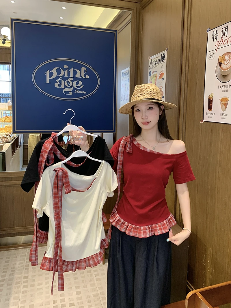 2025夏装新款胖mm大码女纯欲拼接挂脖格子港风短袖T恤A1629