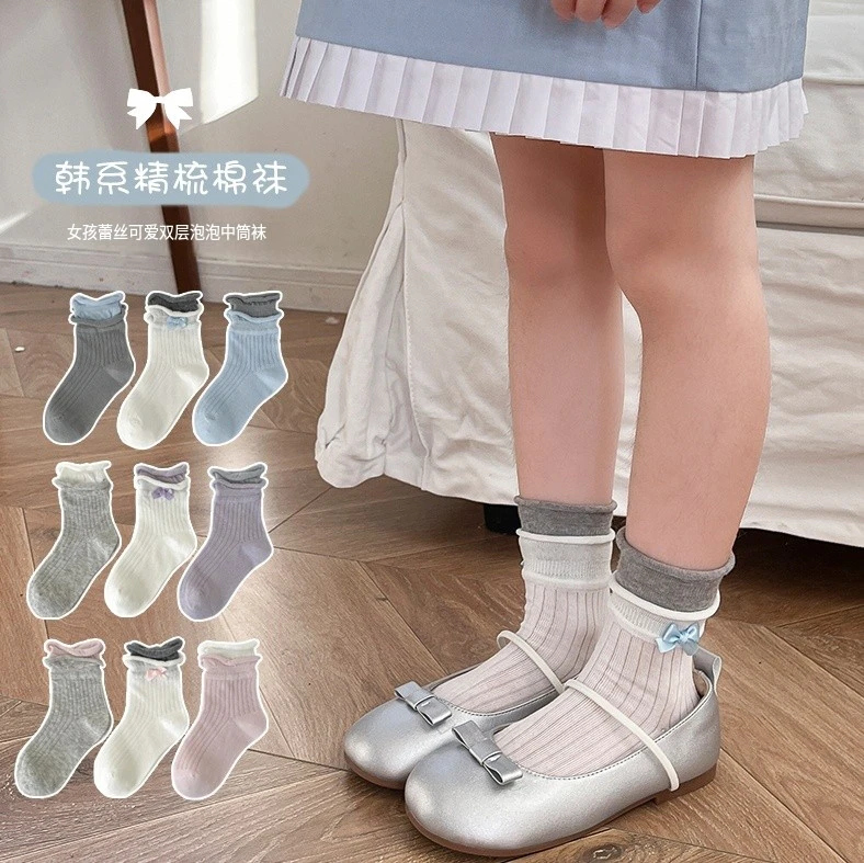 女童袜子春夏薄款女孩洛丽塔双罗口花边公主女孩袜