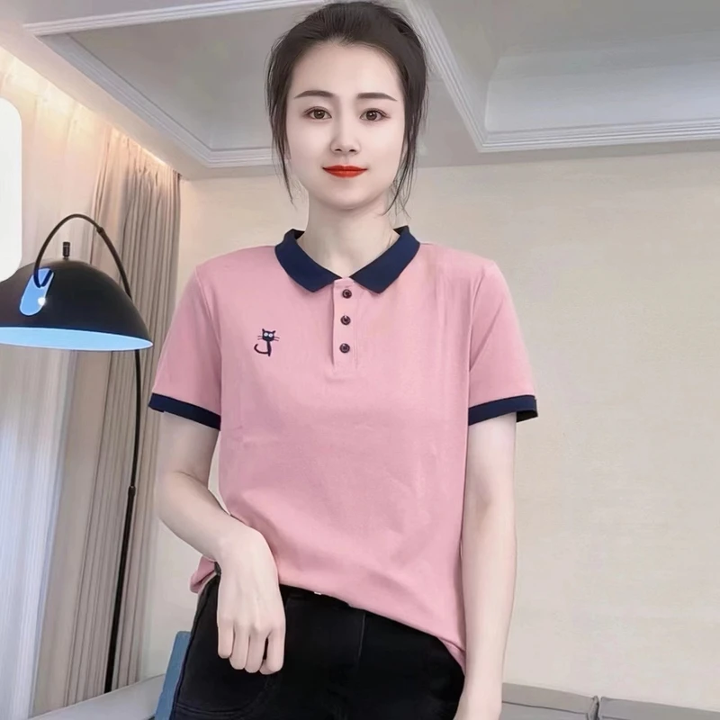 2024夏季女士短袖棉T恤POLO衫翻领休闲时尚洋气减龄领袖拼色上衣