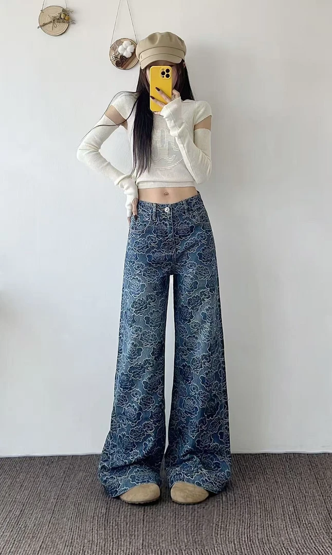 淑雅阁服饰  直筒阔腿裤复古牛仔裤提花裤子常规休闲风9232