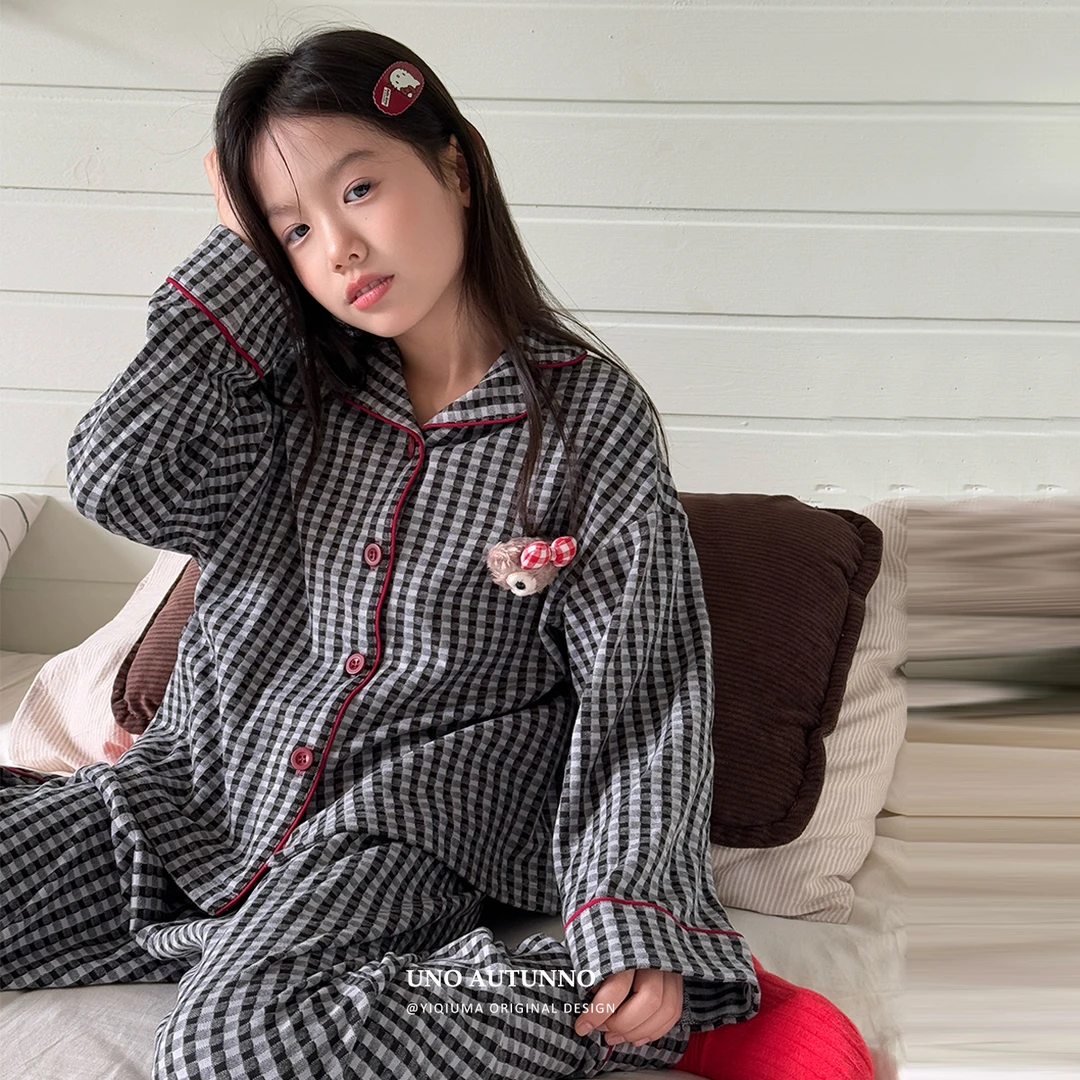 现货「UNO AUTUNNO」【有格调】小方块女童春秋季睡衣套装GD2633