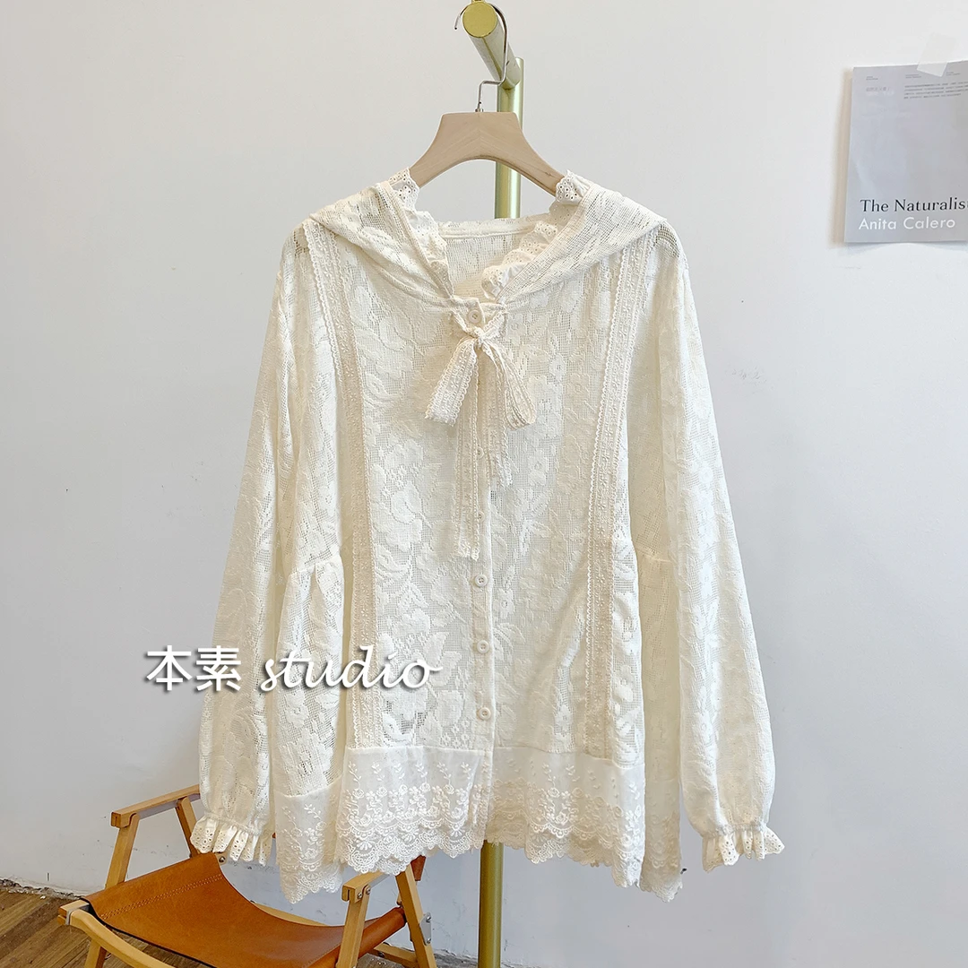 梦中花园C3805提花蕾丝全开扣系带连帽衬衫甜美减龄
