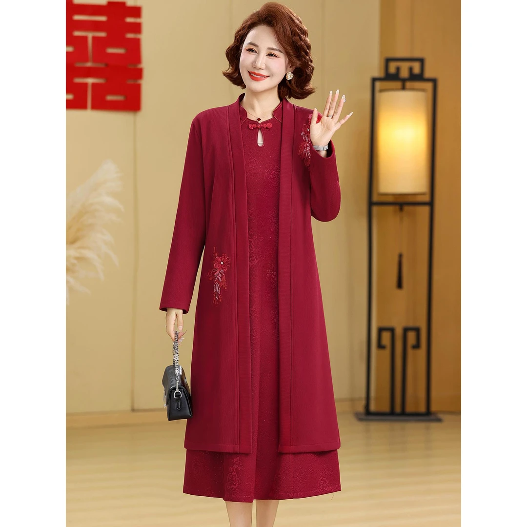 喜婆婆婚宴装秋冬新款中老年女加绒裙子妈妈大码旗袍礼服两件套装