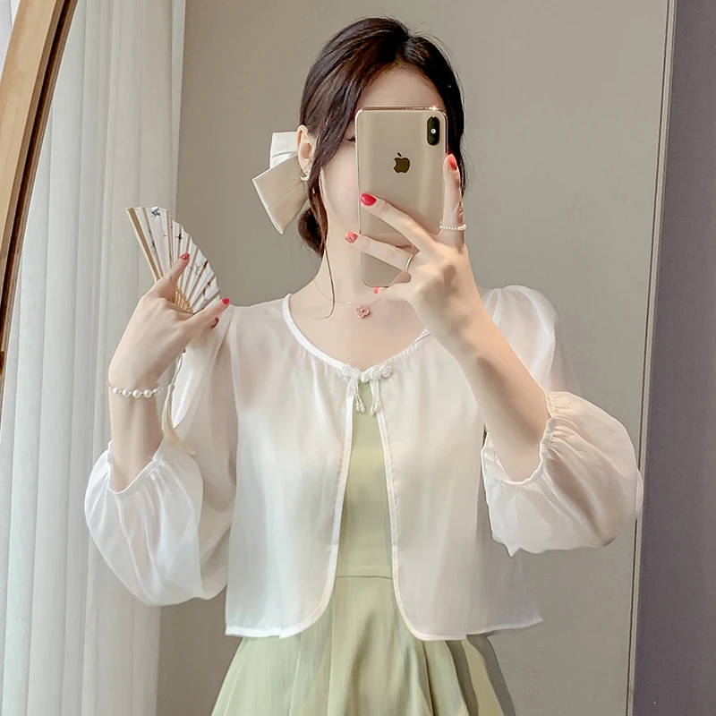 夏季小披肩外套上衣百搭女长袖超仙防晒开衫外搭雪纺新中式盘扣