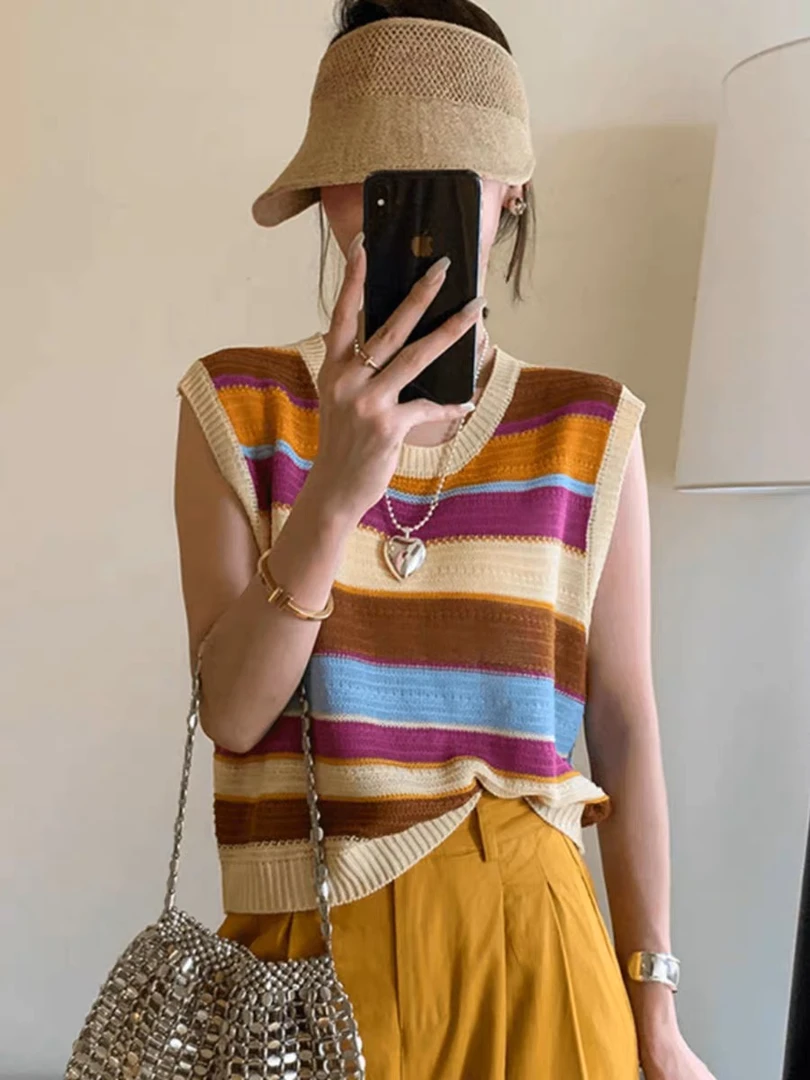 多巴胺条纹冰丝针织背心女夏季款撞色设计感小众薄款无袖圆领上衣