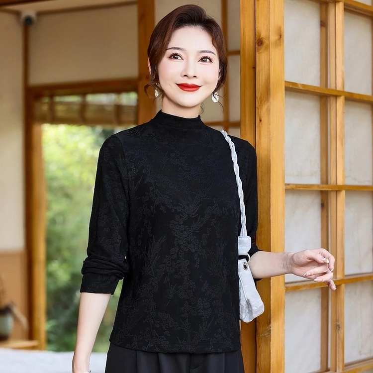 中老年妈妈秋季新款气质优雅蕾丝洋气时尚半高领长袖显瘦打底T恤