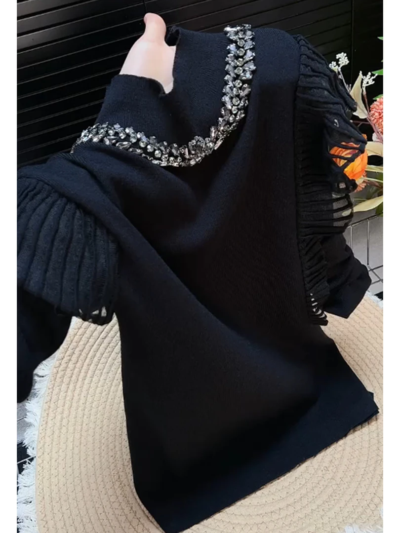 高级感甜美荷叶边亮片装饰立领毛衣女2025秋冬港风气质显瘦针织衫