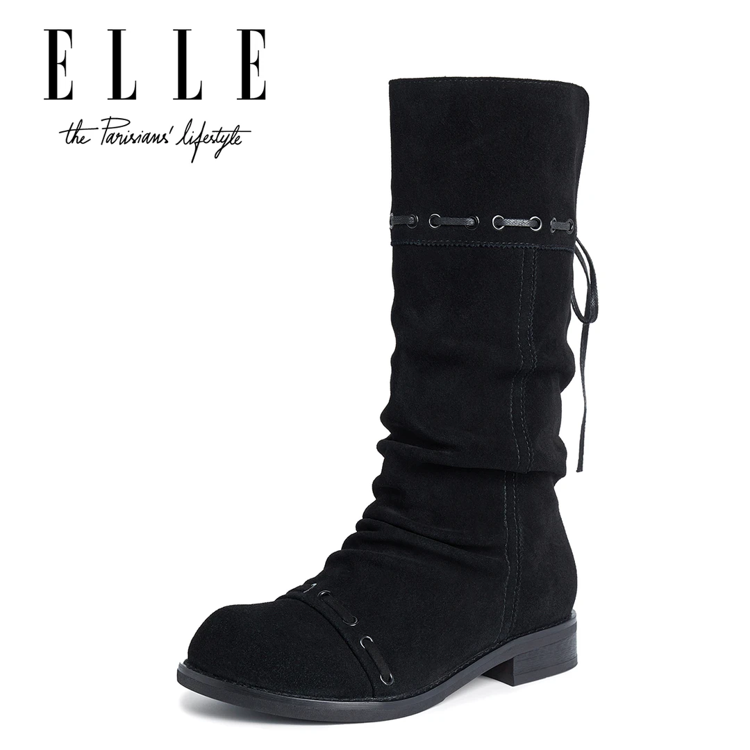 ELLE明星同款绒面及膝靴可折叠两穿翘头长靴女复古百搭褶皱堆堆靴