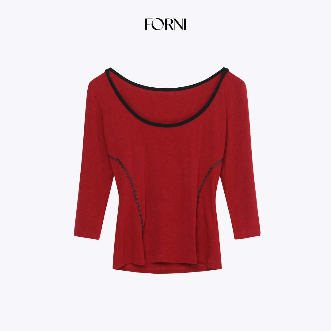 FORNI 香香tee 法式优雅拼色七分袖针织打底衫
