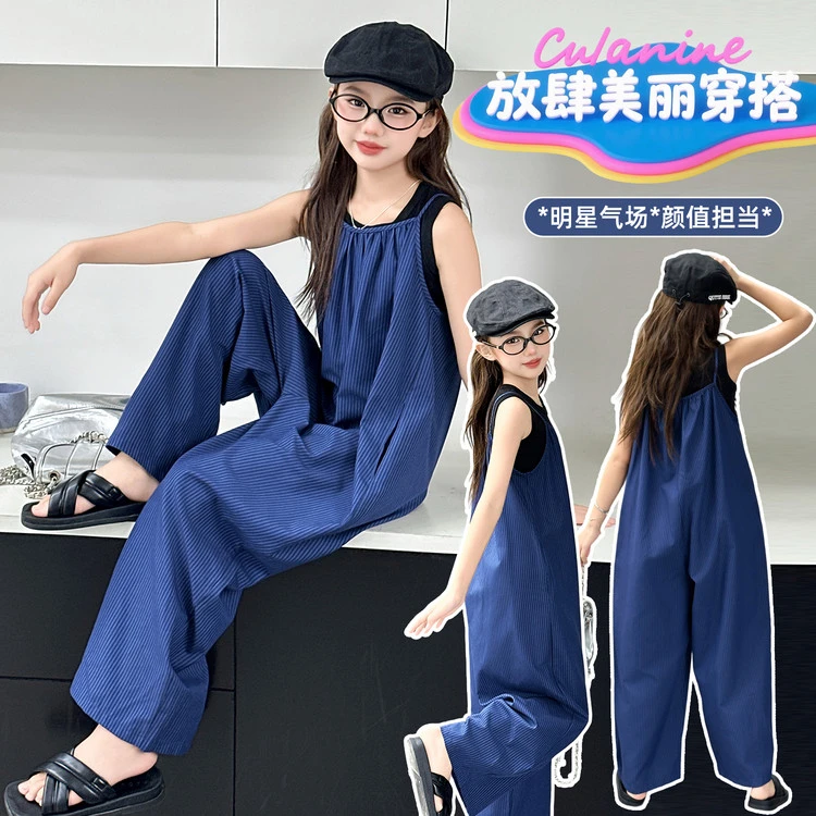 原版女童夏季套装【专柜品质】新款儿童女孩感背带阔腿裤休闲裤运动