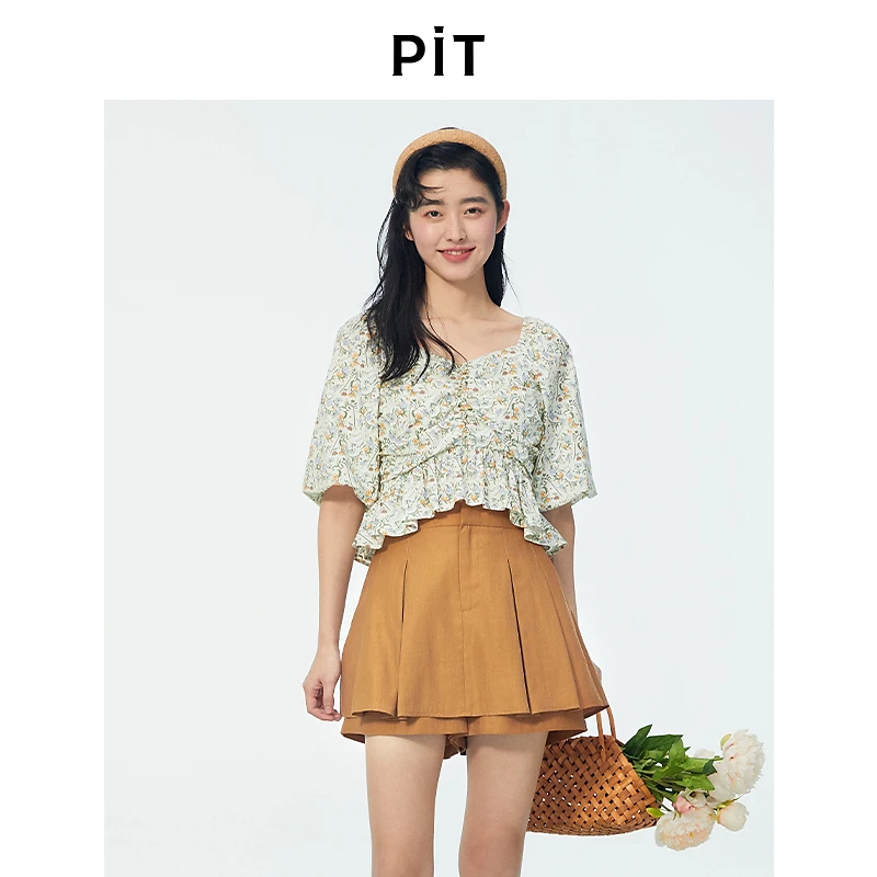 pit复古韩版小清新碎花衬衫女2024秋装新款设计感方领泡泡袖上衣