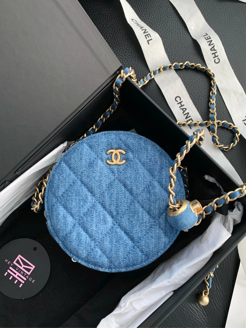 95新 Chanel/香奈儿 牛仔圆饼金色Logo单肩斜挎包 13344108