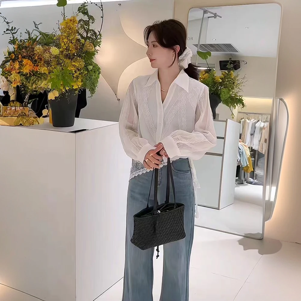 重工花边蕾丝拼接衬衫女欧货2025春装新款设计感小众长袖显瘦上衣