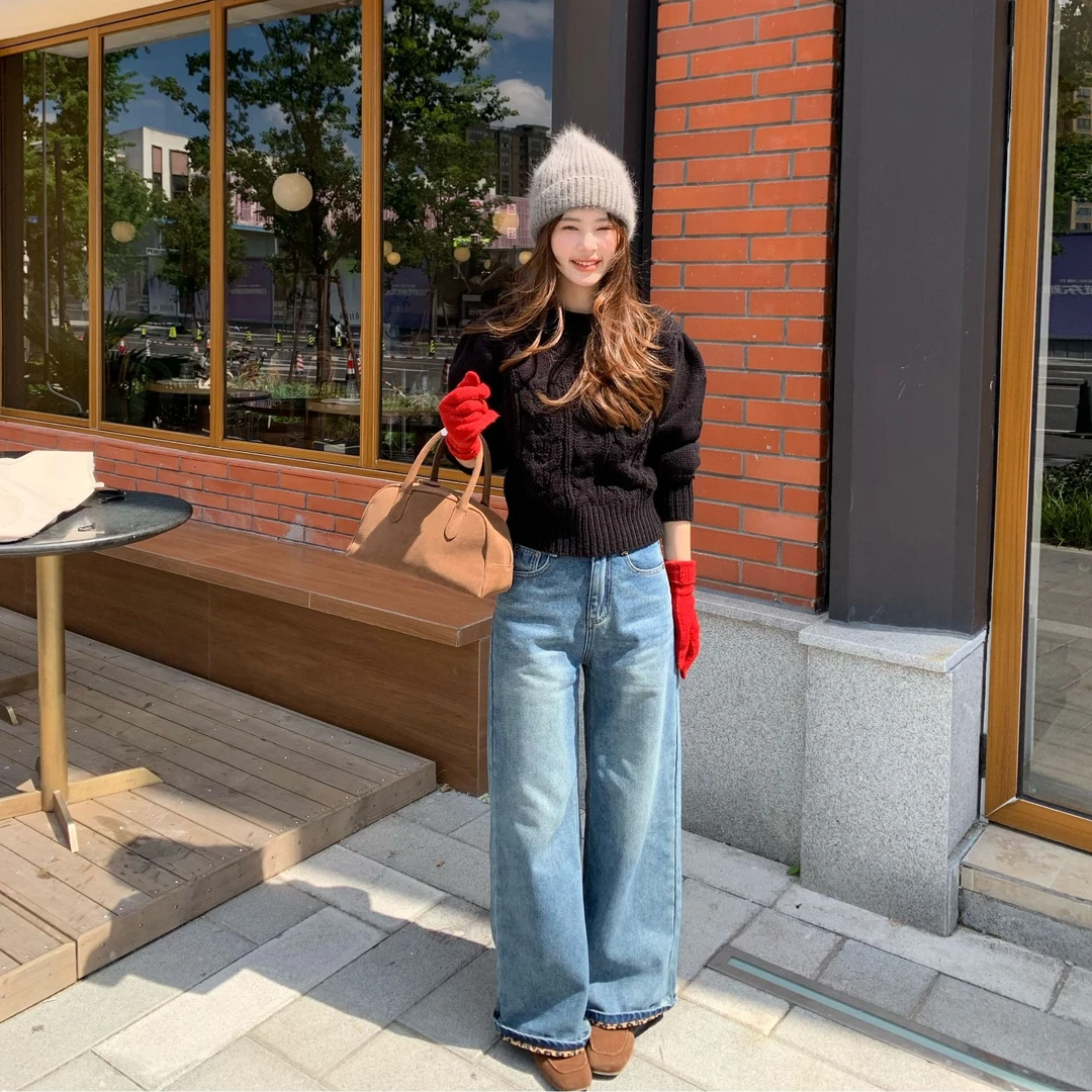 【花花】豹纹边~直腿牛仔裤复古翻边豹纹阔腿直筒高腰牛仔裤