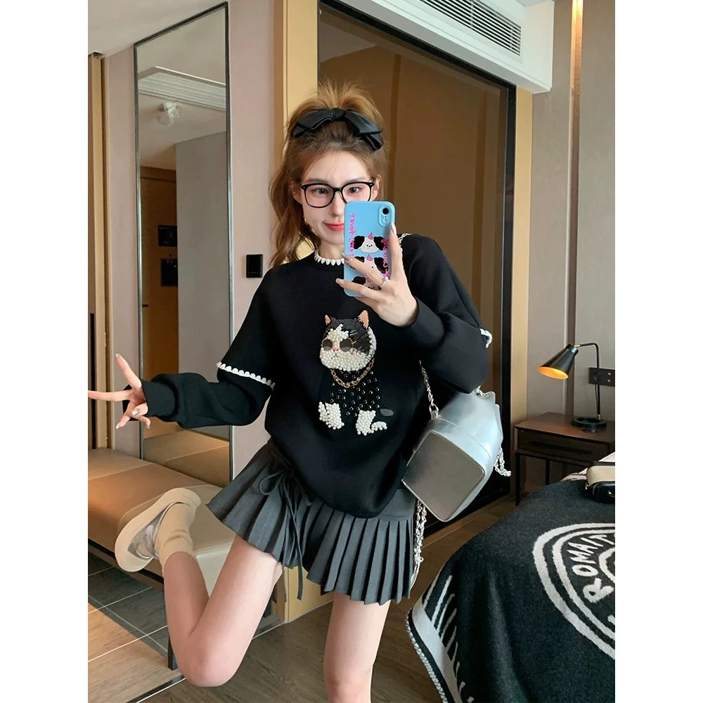 黑色卡通猫咪圆领卫衣女新款洋气秋季甜美减龄宽松休闲小个子上衣