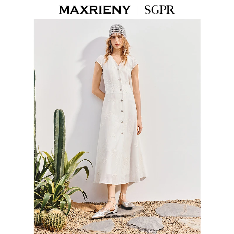 【商场同款】MAXRIENY波嬉风小盖袖收腰连衣裙25夏波西米亚风长裙