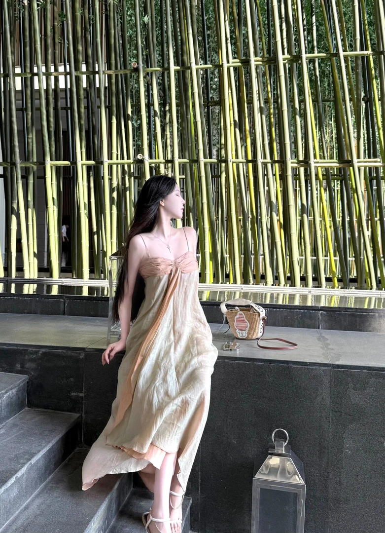 Gabby 100%RAMIE双色苎麻立裁设计宽松吊带连衣裙女L1258