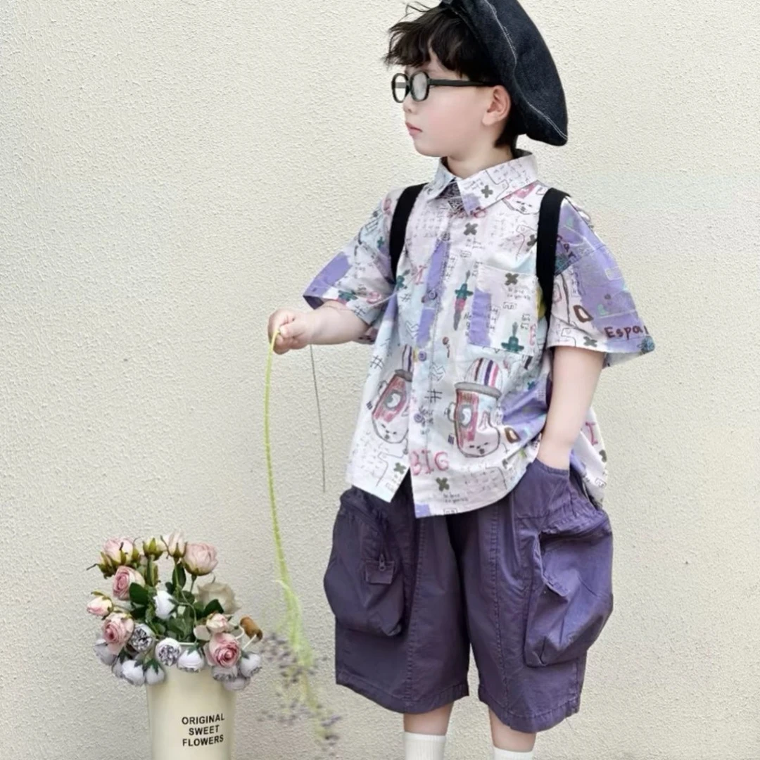 男童套装夏季新款儿童韩版洋气印花衬衫薄款纯色工装短裤两件套潮