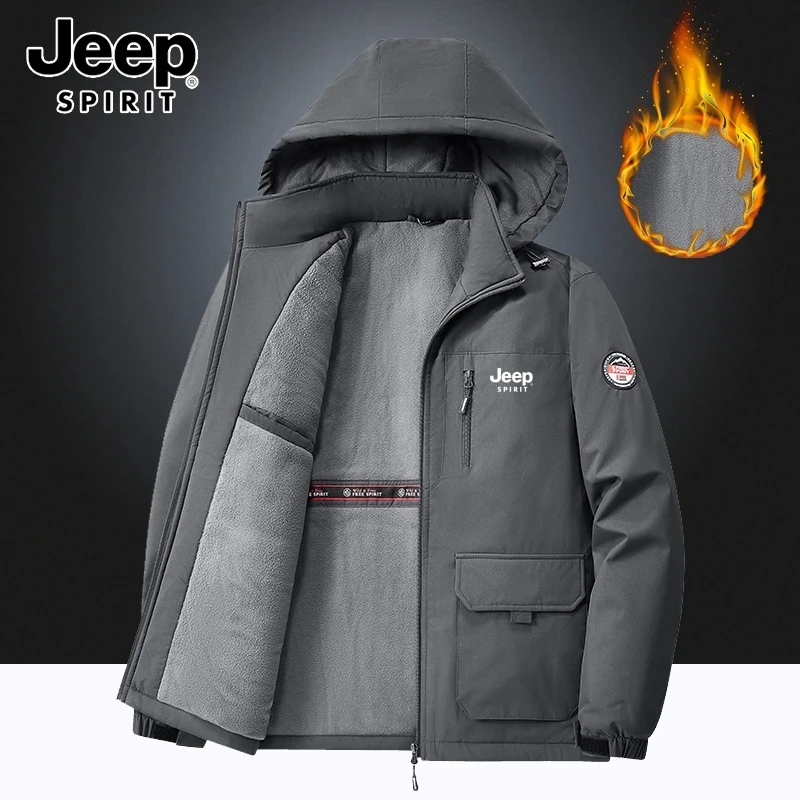 Jeep吉普棉服加绒加厚防风防水保暖夹克多口袋秋冬大码工装男外套