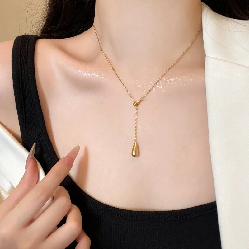 钛钢吊坠 韩风ins简约金色双水滴流苏锁骨链钛钢小众设计百搭项链