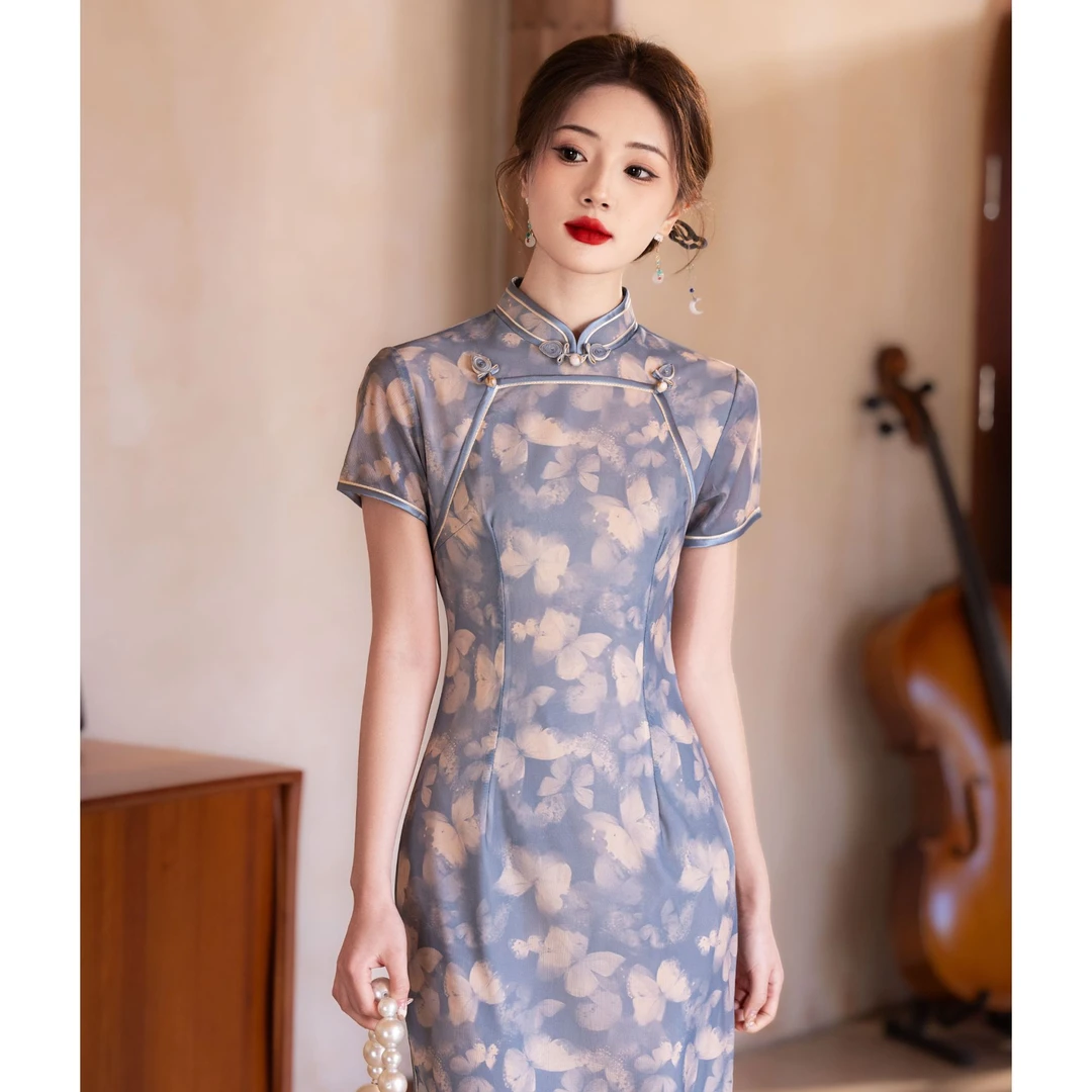 【幽兰】蓝色蝴蝶国风送考旗袍2025年春夏新款优雅气质款连衣裙5508