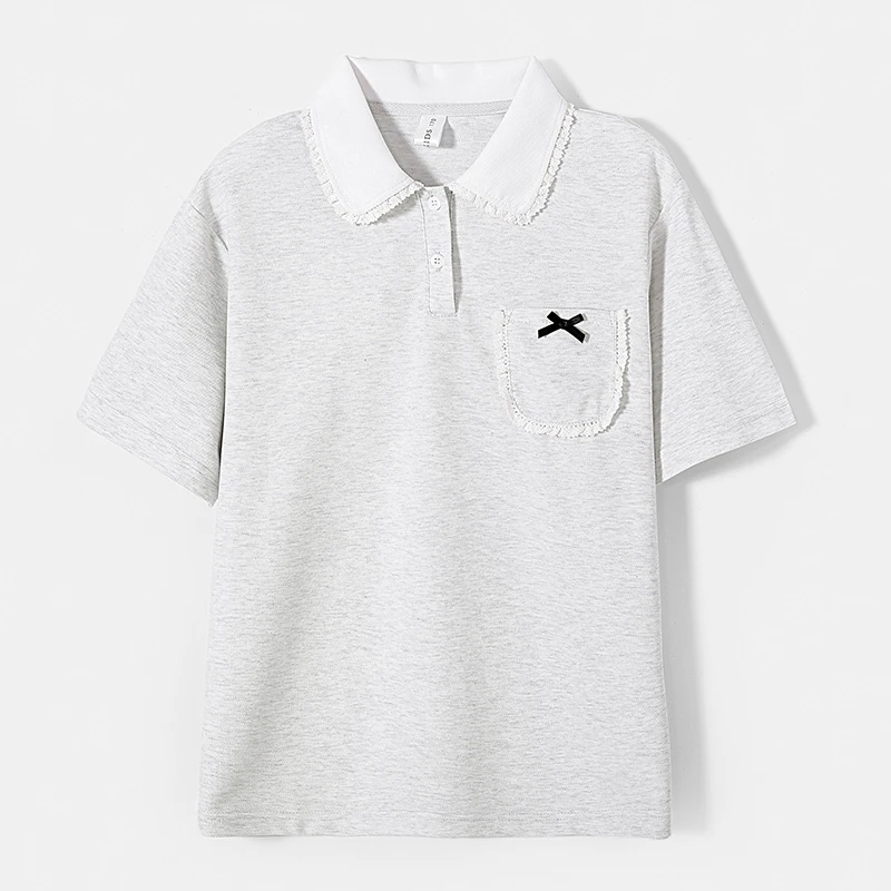 25190女童夏装polo领T恤2025夏季新款洋气花边时髦大童夏天灰色潮
