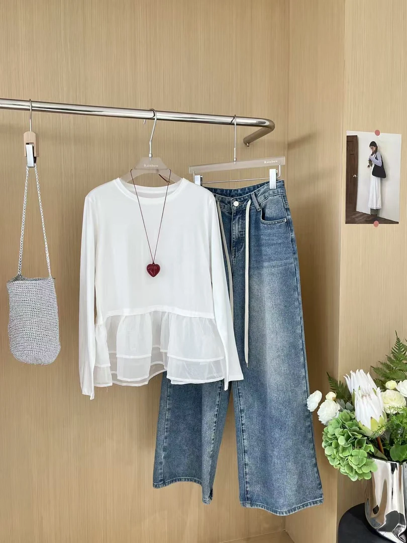 MEET 福秒（9MER1222#)休闲基础 芭蕾风荷叶边拼接下摆T恤9-613