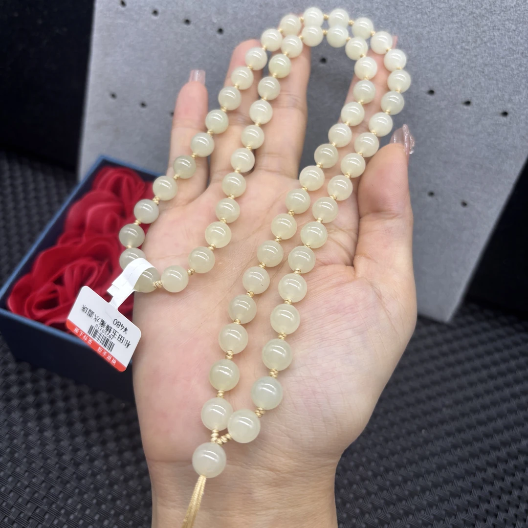 高端和田玉冰透蜂蜜水圆珠8mm玉石挂坠绳珠链毛衣链项链时尚百搭