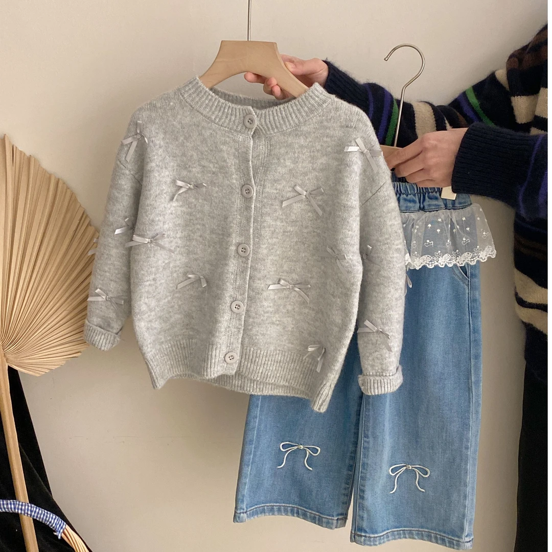 Z-KY003洋气韩版蝴蝶结针织开衫外套蕾丝拼接蝴蝶结牛仔裤套装潮