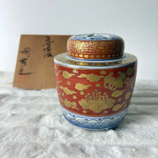 九谷聚山双款手绘描金赤绘凤凰纹香炉