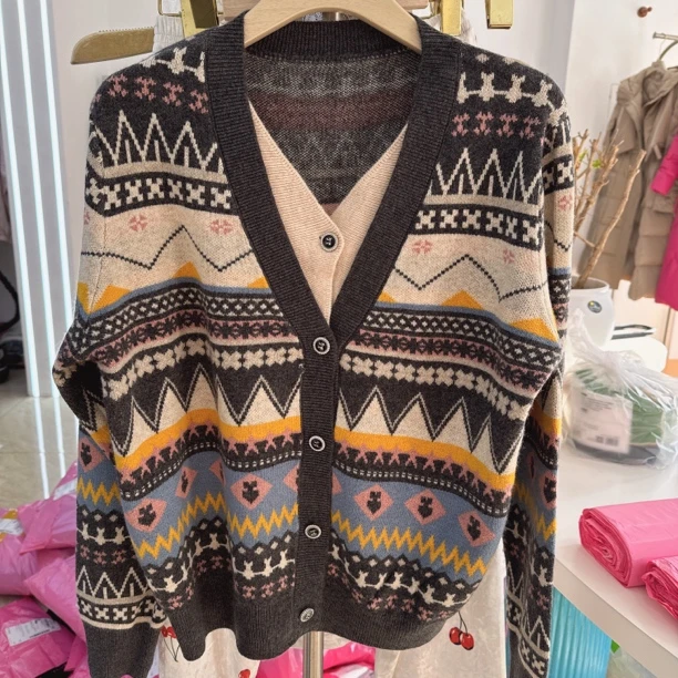 89103毛针织衫包袖V领圆领女装复古拼色百搭时尚提花秋冬毛衣