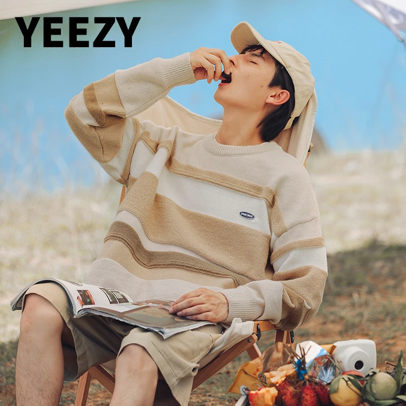 YEEZY男装男装 复古撞色条纹毛衣秋季新款宽松圆领针织衫