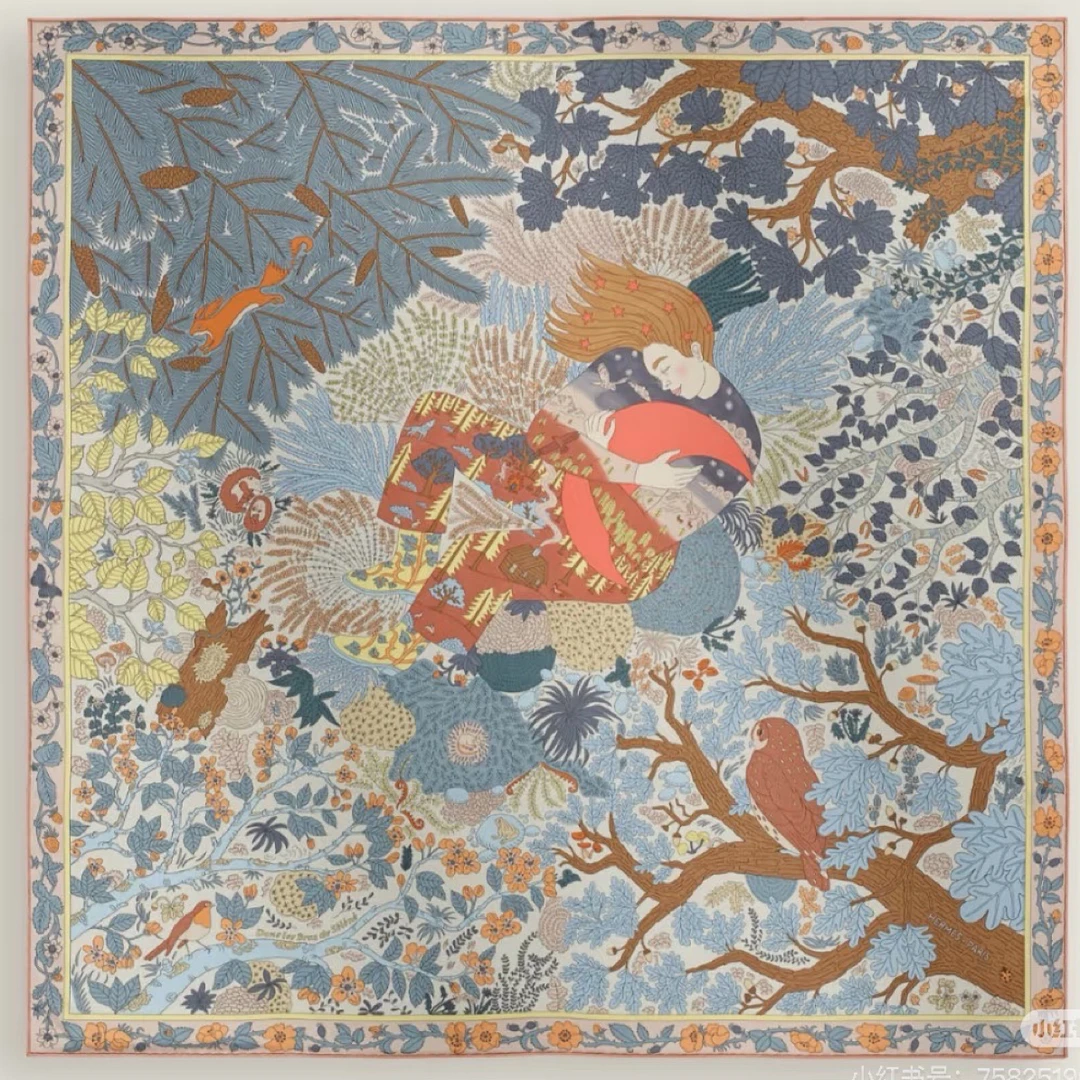未使用 Hermes/爱马仕 “于月亮怀中” 90*90 挂画方巾 丝巾 围巾
