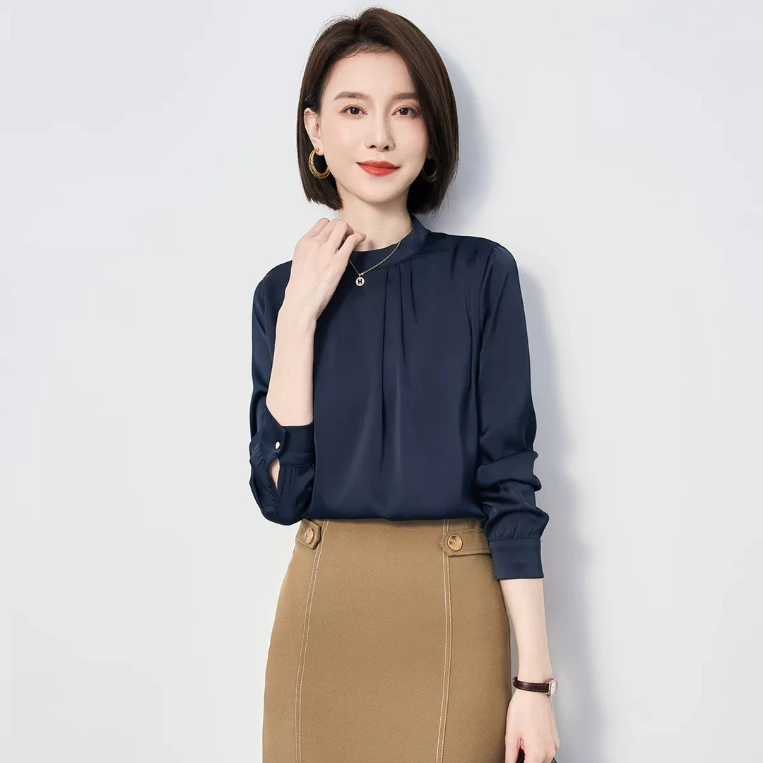 2506058半高领长袖衬衫女商务休闲纯色高级高25春夏新款