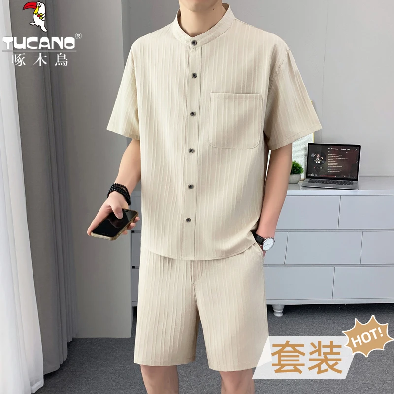 TUCANO/啄木鳥夏季时尚条纹圆领衬衫短袖短裤套装休闲透气薄款T恤