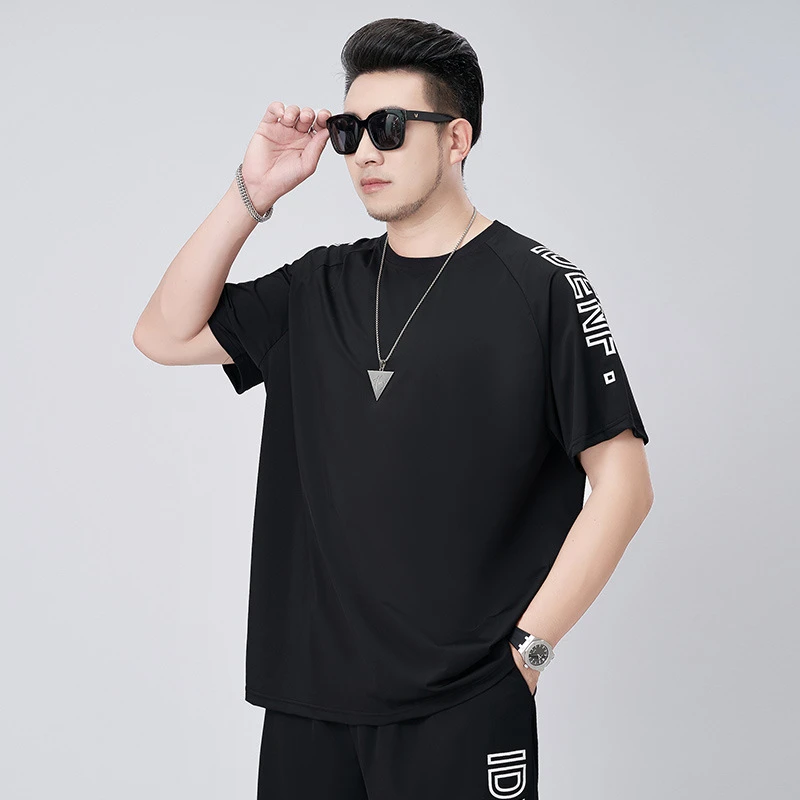 T8371大码冰丝短袖男士夏加肥加大胖子肥佬弹力速干运动休闲T恤衫