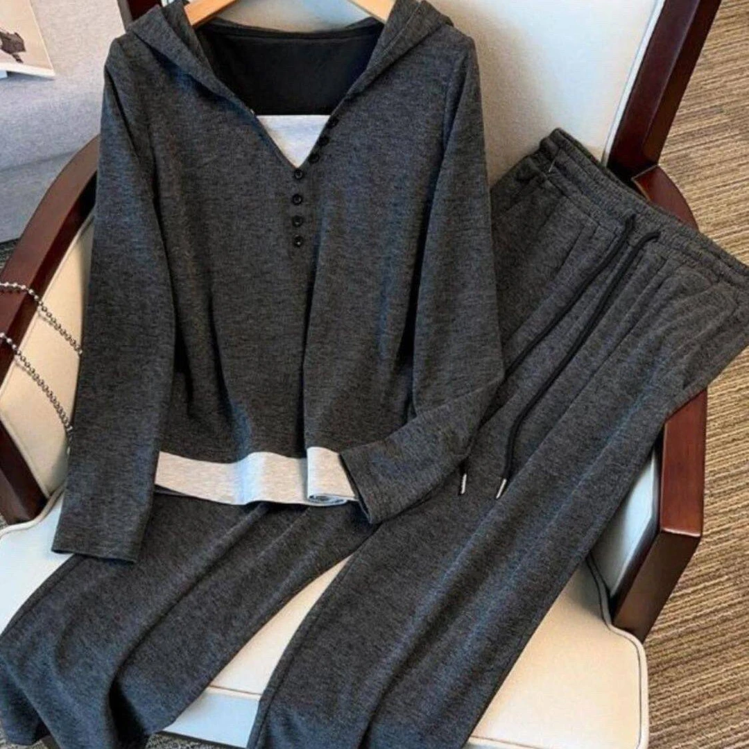 歌弟正品慵懒连帽假两件上衣阔腿裤两件套春秋大码胖mm休闲