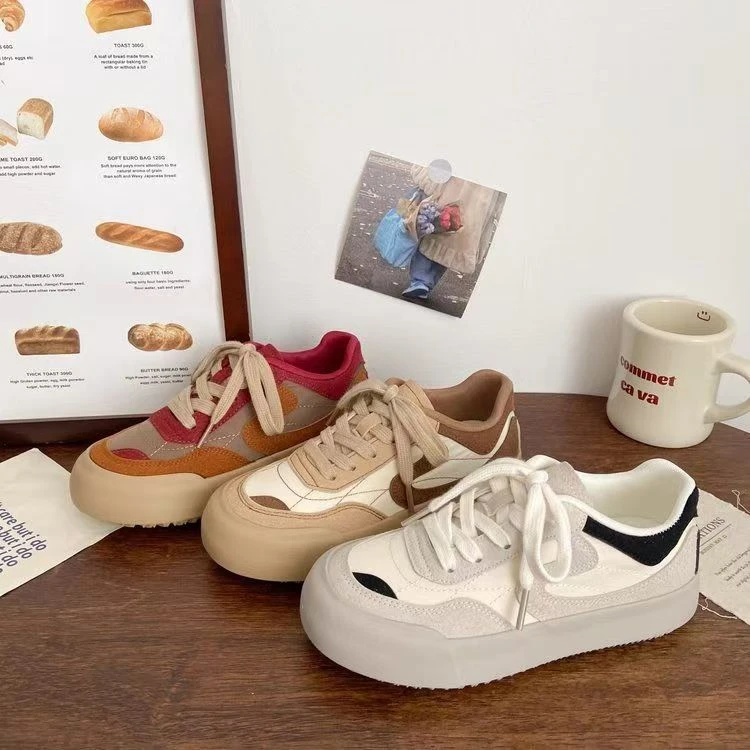 复古红色厚底板鞋女春夏季新款2025爆款小众港风圆头休闲德训鞋