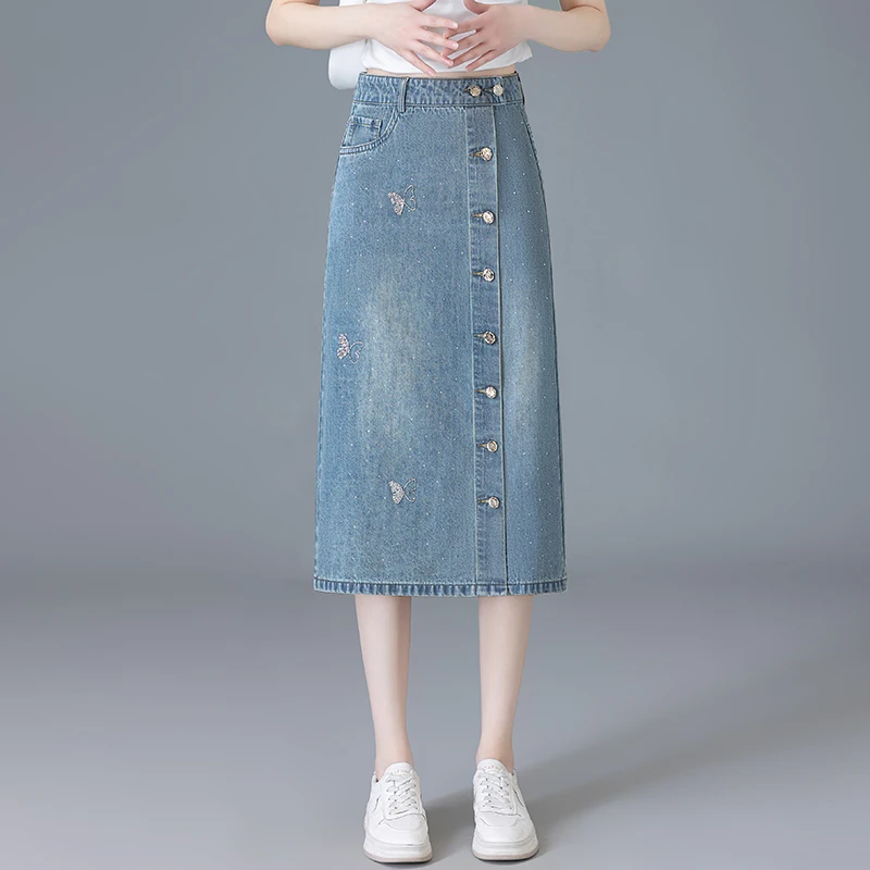 重工烫钻牛仔半身裙女2025夏季新款高腰显瘦遮肉中长款一步包臀裙